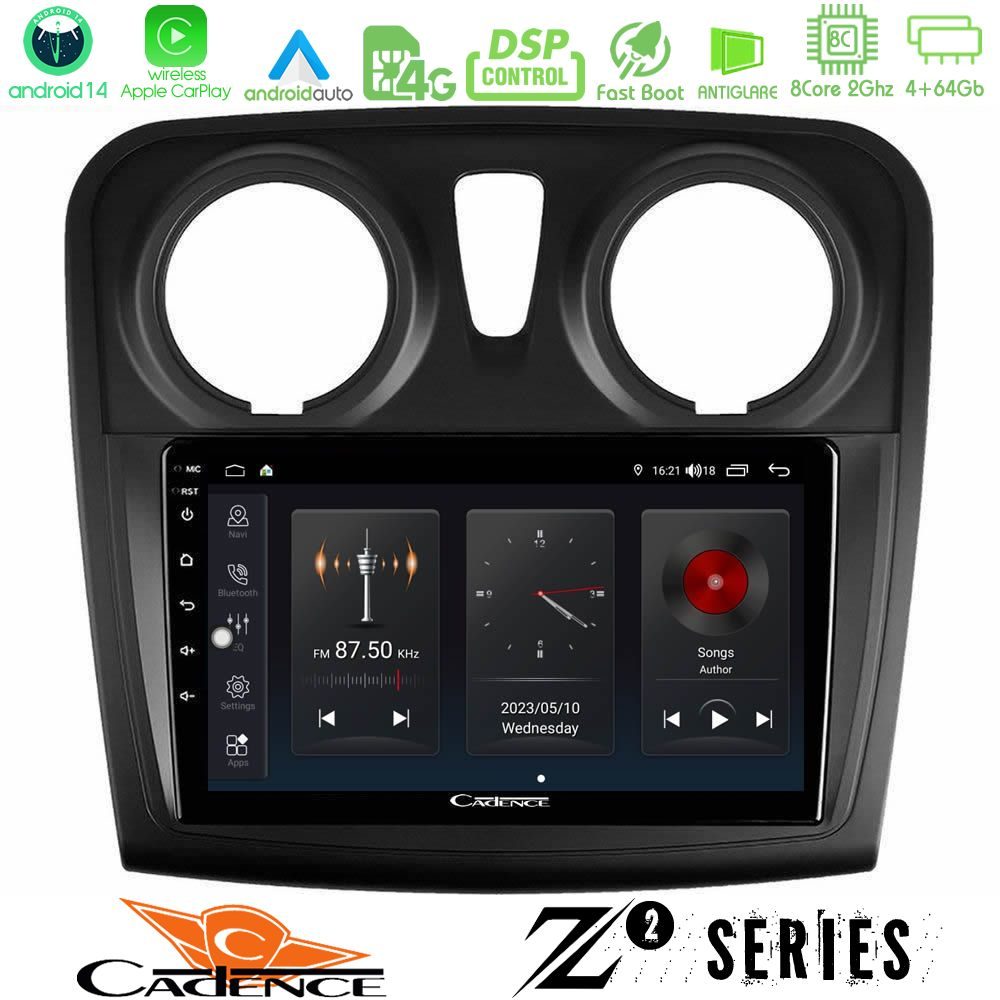 Cadence Z2 Series 8Core Android14 4+64GB  Dacia Sandero/Dokker 2014-2020 Navigation Multimedia Tablet 9" Με Carplay & Android Auto