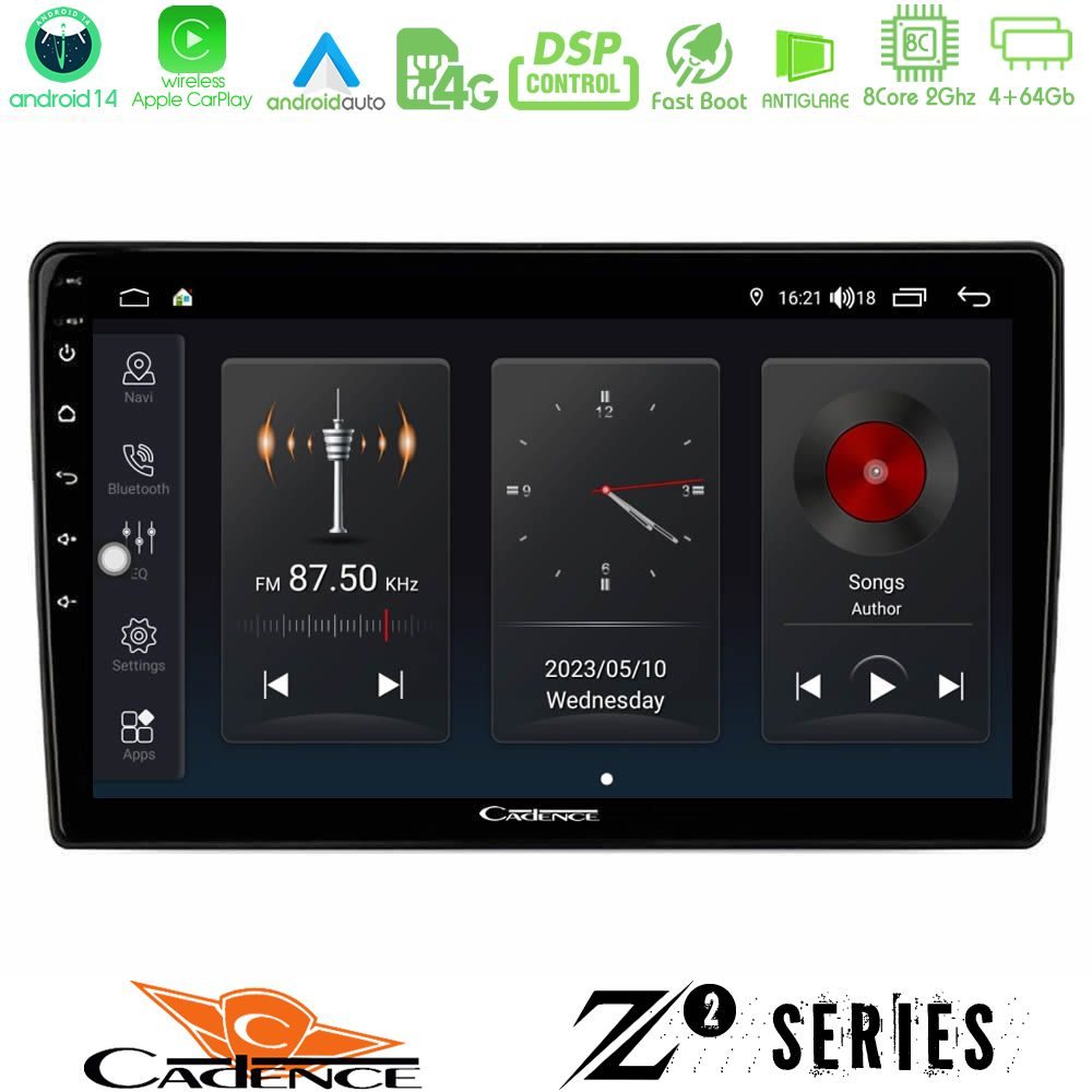 Cadence Z2 Series 8Core Android14 4+64GB Fiat Panda 2003-2012 Navigation Multimedia Tablet 9" Με Carplay & Android Auto