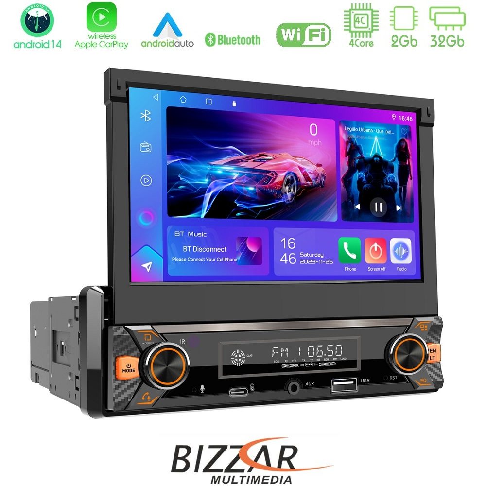 Bizzar 1DIN Deck 4core Android14 2+32GB Navigation Multimedia Deckless 7" με Carplay/AndroidAuto