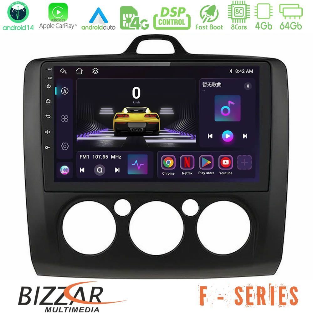 Bizzar F Series 8Core Android14 4+64GB Ford Focus Manual AC Navigation Multimedia Tablet 9" (Μαύρο Χρώμα) Με Carplay & Android Auto