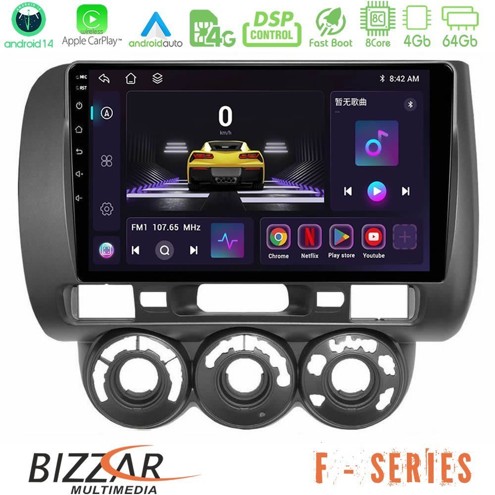 Bizzar F Series 8Core Android14 4+64GB  Honda Jazz 2002-2008 (Manual A/C) Navigation Multimedia Tablet 9" Με Carplay & Android Auto