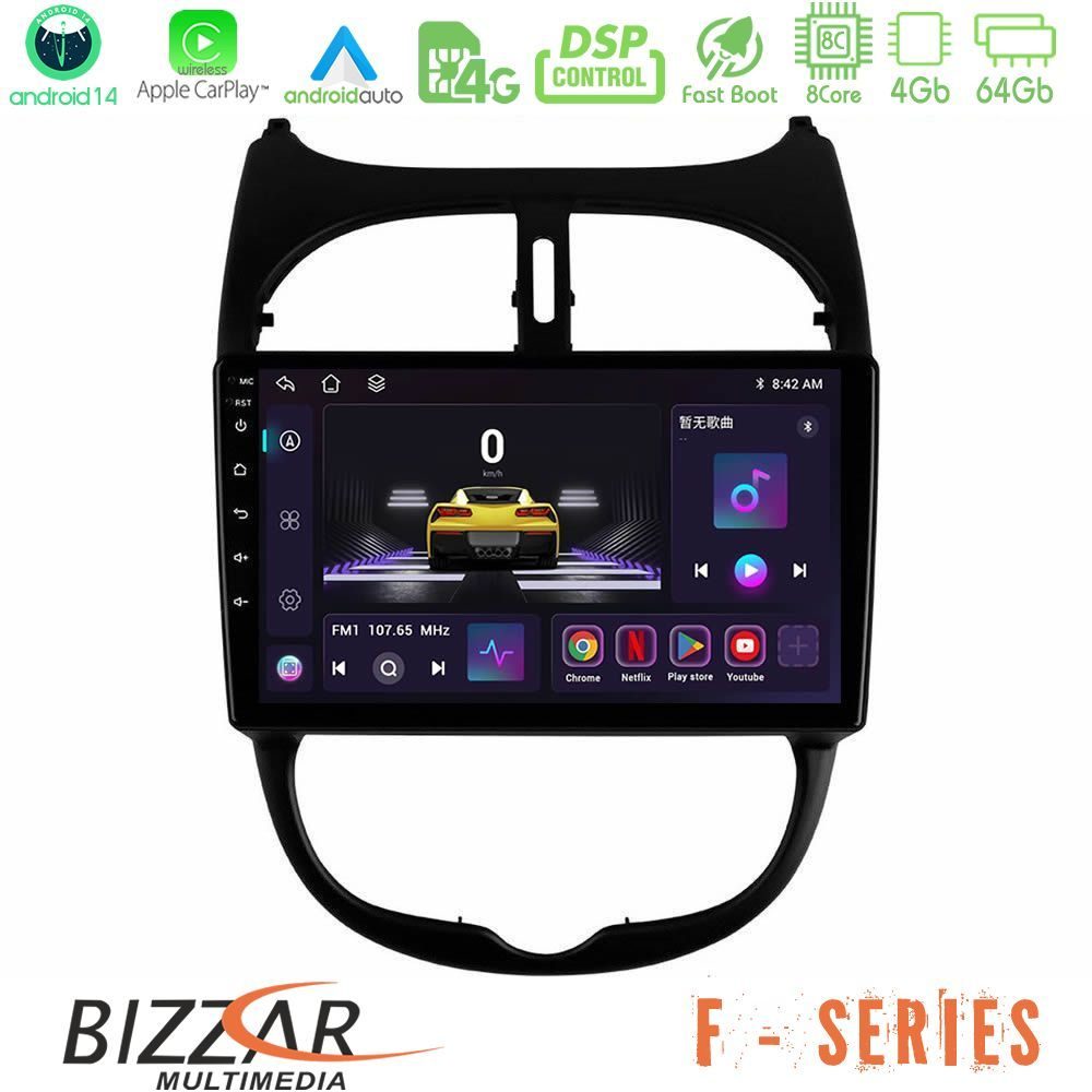 Bizzar F Series 8Core Android14 4+64GB Peugeot 206 Navigation Multimedia Tablet 9" Με Carplay & Android Auto