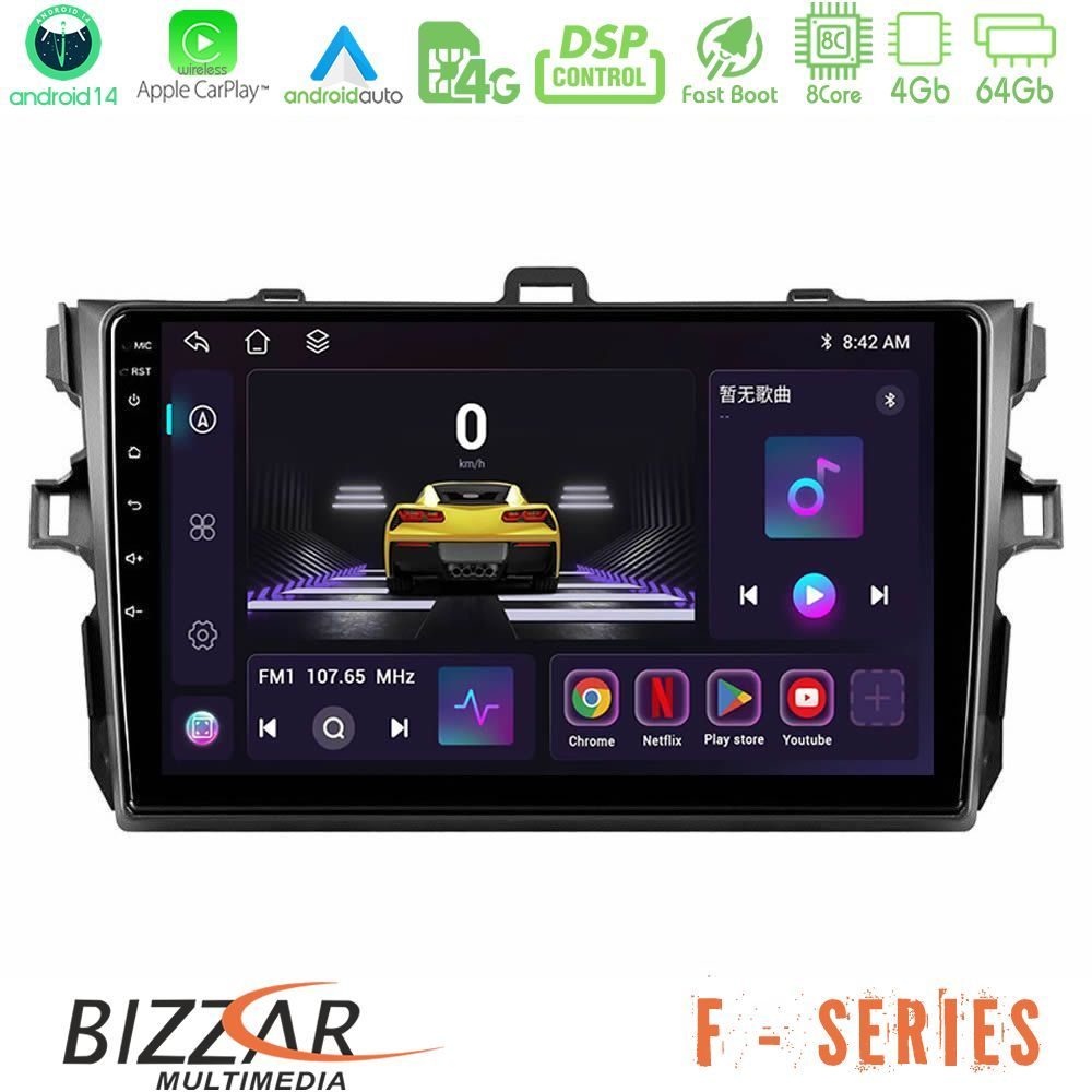 Bizzar F Series 8Core Android14 4+64GB  Toyota Corolla 2007-2012 Navigation Multimedia Tablet 9" Με Carplay & Android Auto