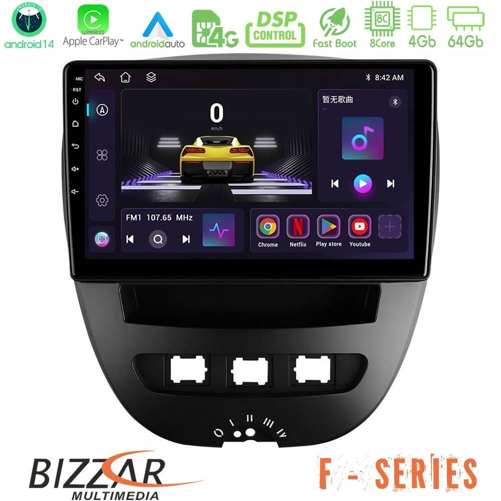 Bizzar F Series 8Core Android14 4+64GB  Toyota Aygo/Citroen C1/Peugeot 107 Navigation Multimedia Tablet 10" Με Carplay & Android Auto