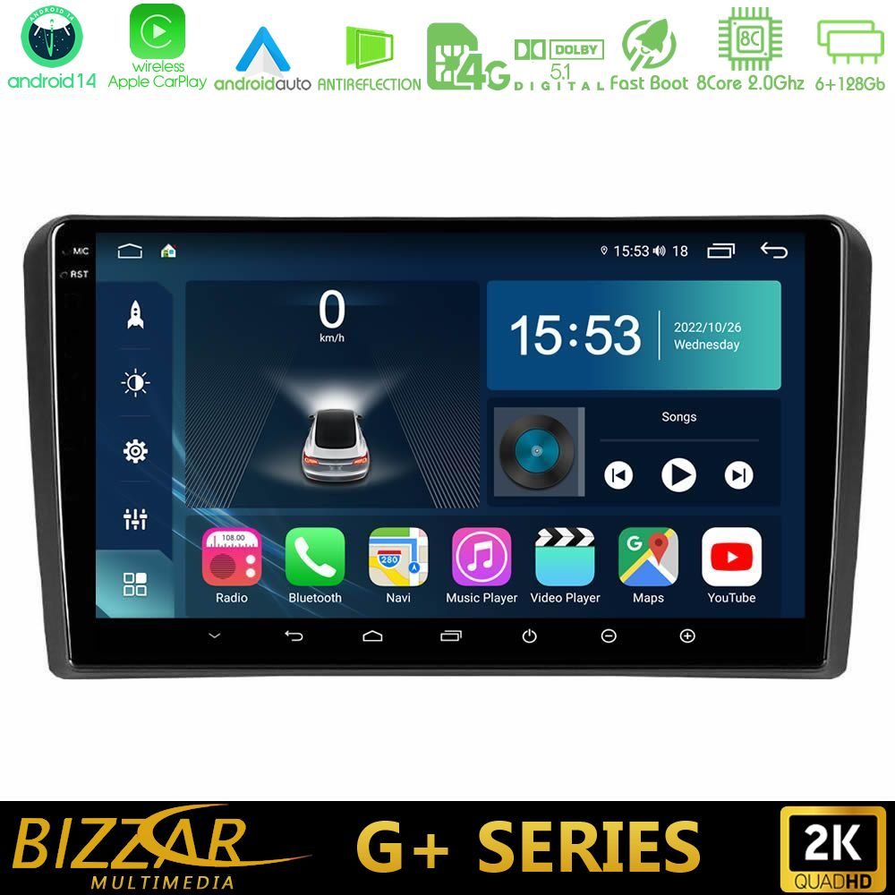 Bizzar G+ Series Audi A3 8P 8core Android14 6+128GB Navigation Multimedia Tablet 9"