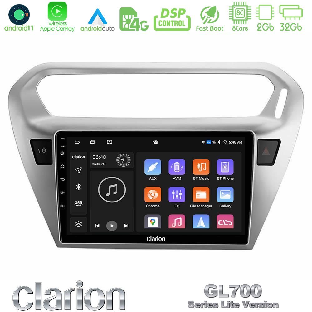 Clarion GL700 Lite Series 8Core Android11 2+32GB Citroen C-Elysee / Peugeot 301 Navigation Multimedia Tablet 9" Με Carplay & Android Auto