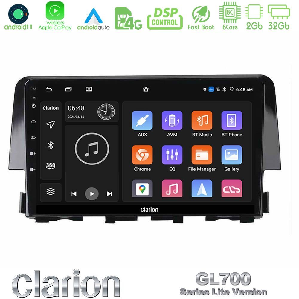 Clarion GL700 Lite Series 8Core Android11 2+32GB Honda Civic 2016-2020 Navigation Multimedia Tablet 9" Με Carplay & Android Auto