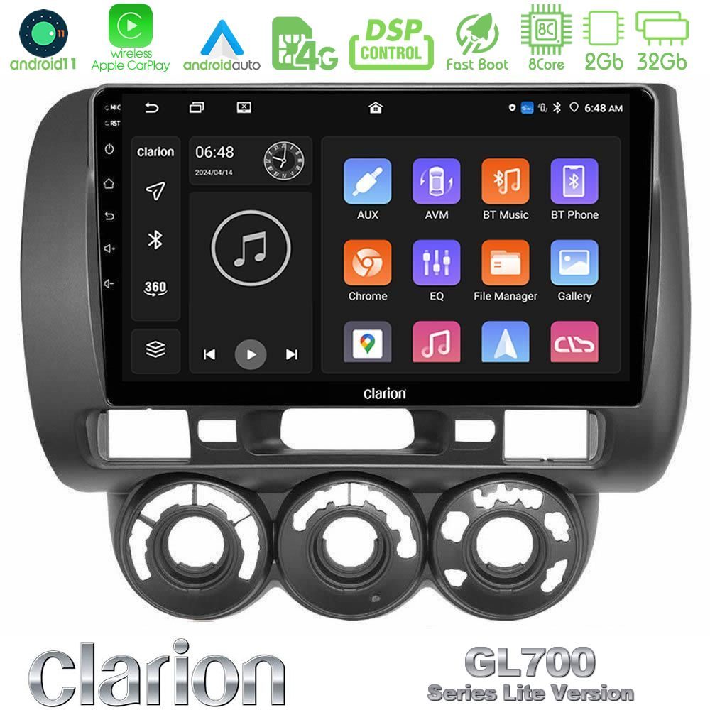 Clarion GL700 Lite Series 8Core Android11 2+32GB Honda Jazz 2002-2008 (Manual A/C) Navigation Multimedia Tablet 9" Με Carplay & Android Auto