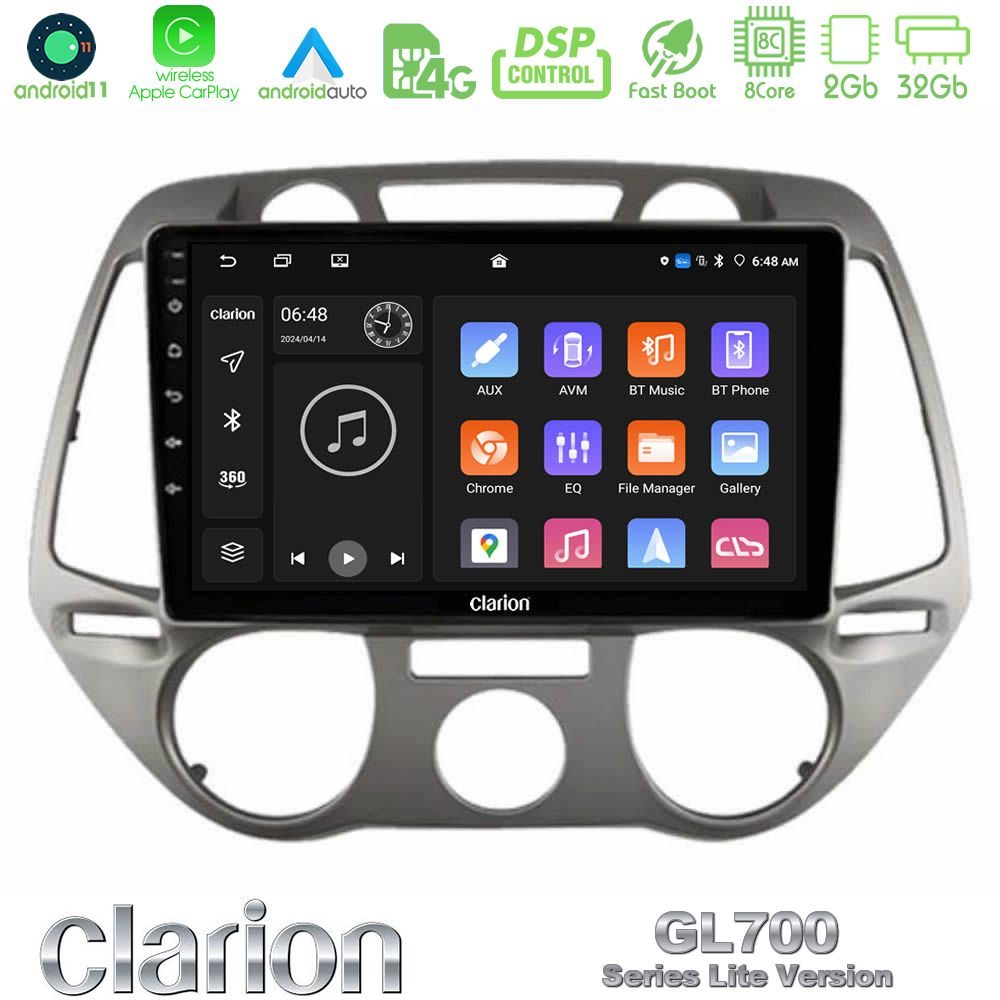 Clarion GL700 Lite Series 8Core Android11 2+32GB Hyundai i20 2009-2012 Manual A/C Navigation Multimedia Tablet 9" Με Carplay & Android Auto
