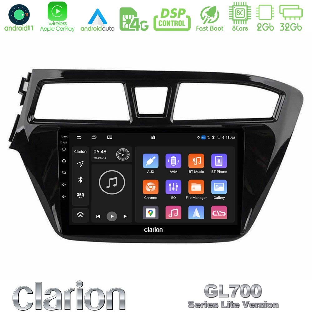 Clarion GL700 Lite Series 8Core Android11 2+32GB Hyundai i20 2014-2018 Navigation Multimedia Tablet 9" Με Carplay & Android Auto