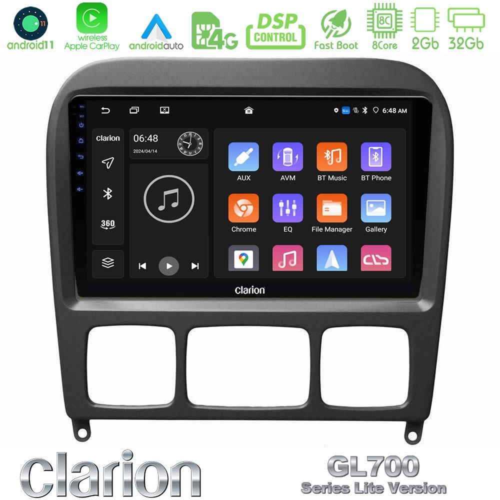 Clarion GL700 Lite Series 8Core Android11 2+32GB Mercedes S Class 1999-2004 (W220) Navigation Multimedia Tablet 9" Με Carplay & Android Auto