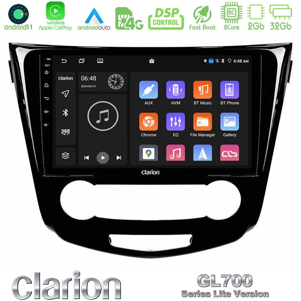 Clarion GL700 Lite Series 8Core Android11 2+32GB Nissan Qashqai J11 (Manual A/C) Navigation Multimedia Tablet 10" Με Carplay & Android Auto