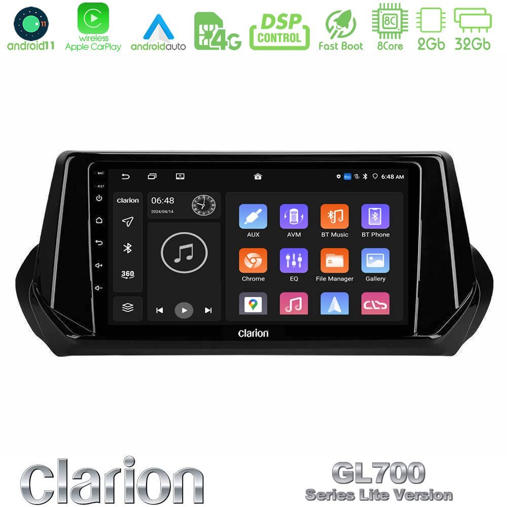 Clarion GL700 Lite Series 8Core Android11 2+32GB Peugeot 208 2019-2023 Navigation Multimedia Tablet 9" Με Carplay & Android Auto