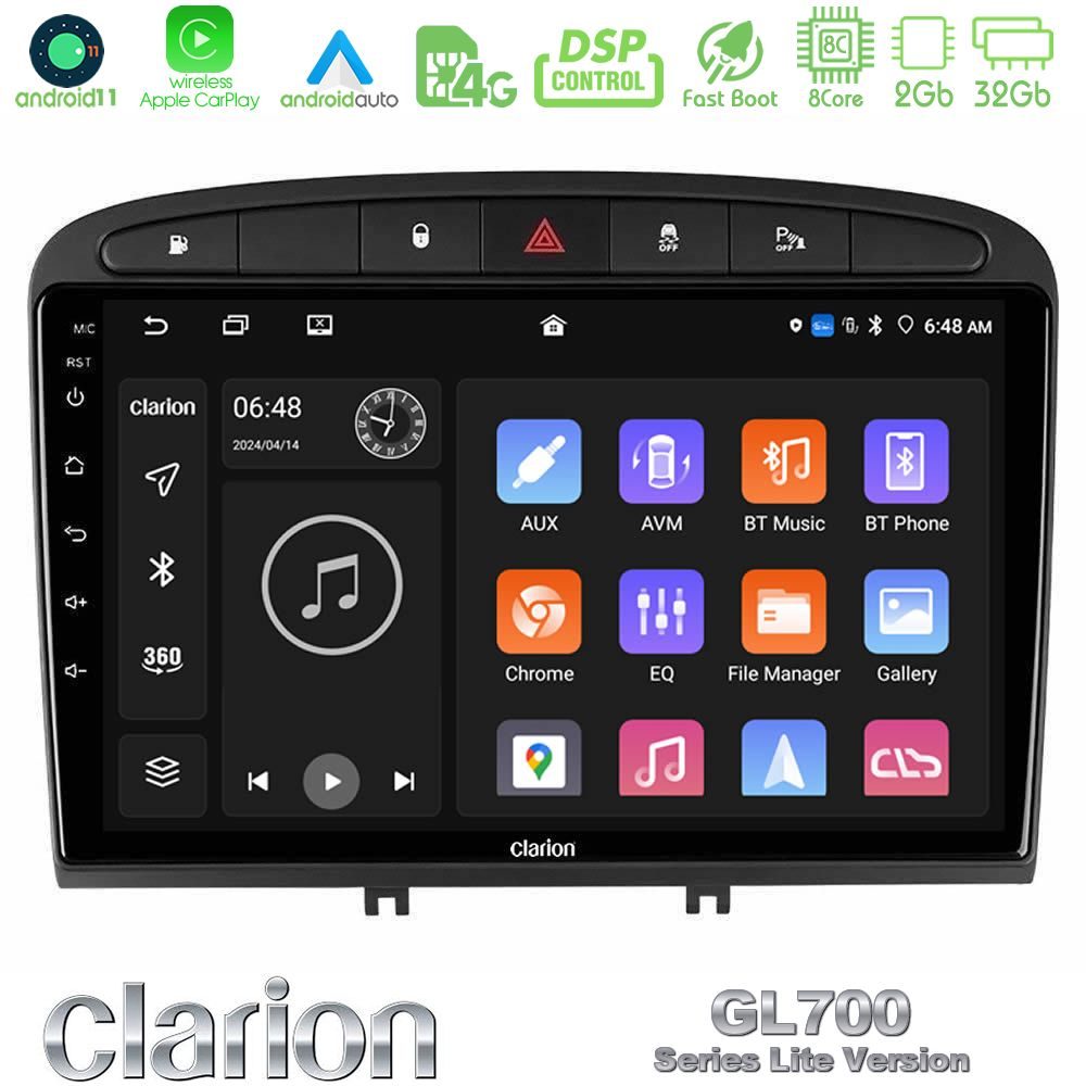 Clarion GL700 Lite Series 8Core Android11 2+32GB Peugeot 308/RCZ Navigation Multimedia Tablet 9" Με Carplay & Android Auto