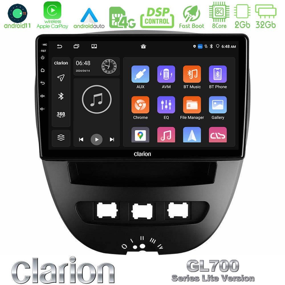Clarion GL700 Lite Series 8Core Android11 2+32GB Toyota Aygo/Citroen C1/Peugeot 107 Navigation Multimedia Tablet 10" Με Carplay & Android Auto