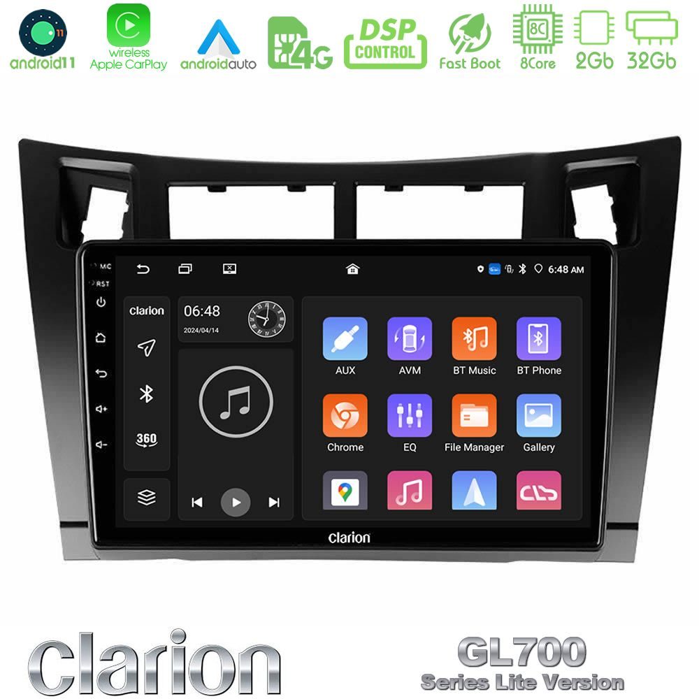 Clarion GL700 Lite Series 8Core Android11 2+32GB Toyota Yaris Navigation Multimedia Tablet 9" (Μαύρο Χρώμα) Με Carplay & Android Auto