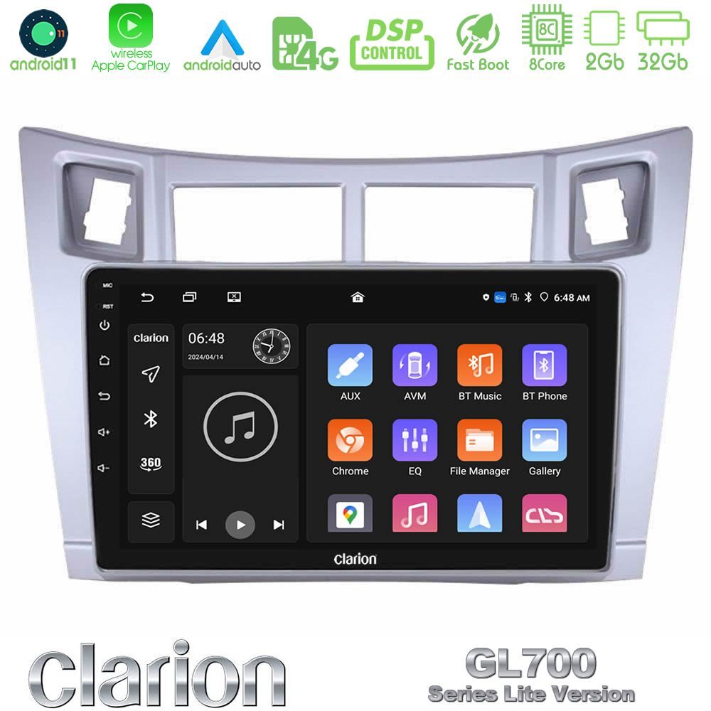 Clarion GL700 Lite Series 8Core Android11 2+32GB Toyota Yaris Navigation Multimedia Tablet 9" (Ασημί Χρώμα) Με Carplay & Android Auto