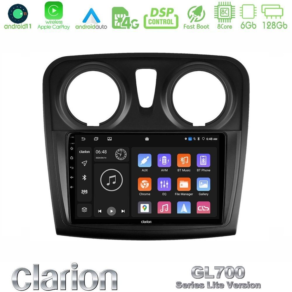 Clarion GL700 Lite Series 8Core Android11 6+128GB Dacia Dokker 2014-2021 Navigation Multimedia Tablet 9" Με Carplay & Android Auto