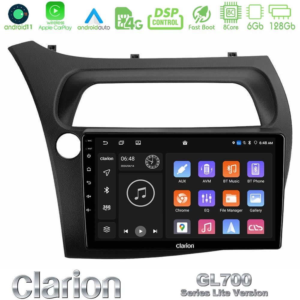 Clarion GL700 Lite Series 8Core Android11 6+128GB Honda CiviC Hatchback 2006-2011 Navigation Multimedia Tablet 9" Με Carplay & Android Auto