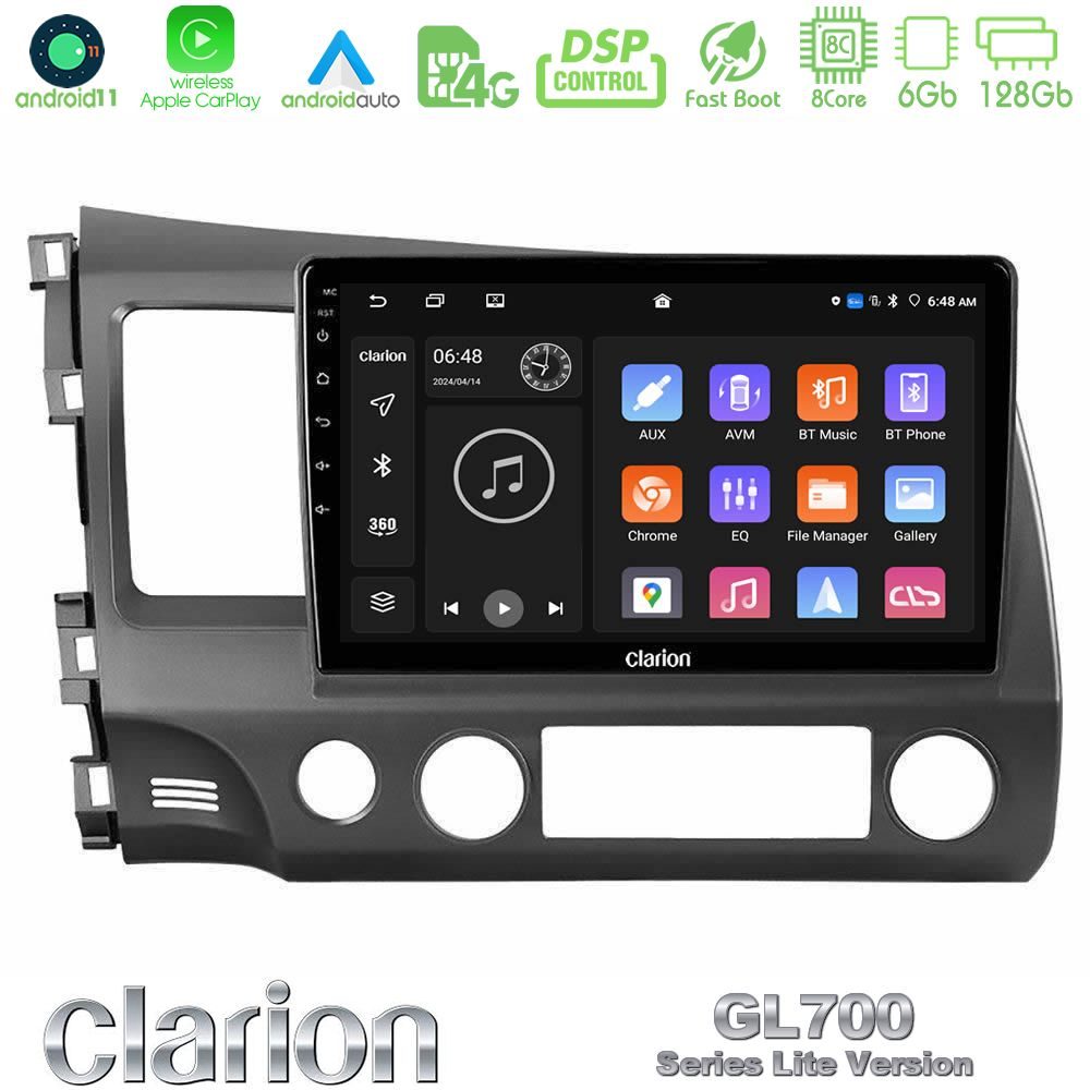 Clarion GL700 Lite Series 8Core Android11 6+128GB Honda Civic 2006-2011 Navigation Multimedia Tablet 9" Με Carplay & Android Auto