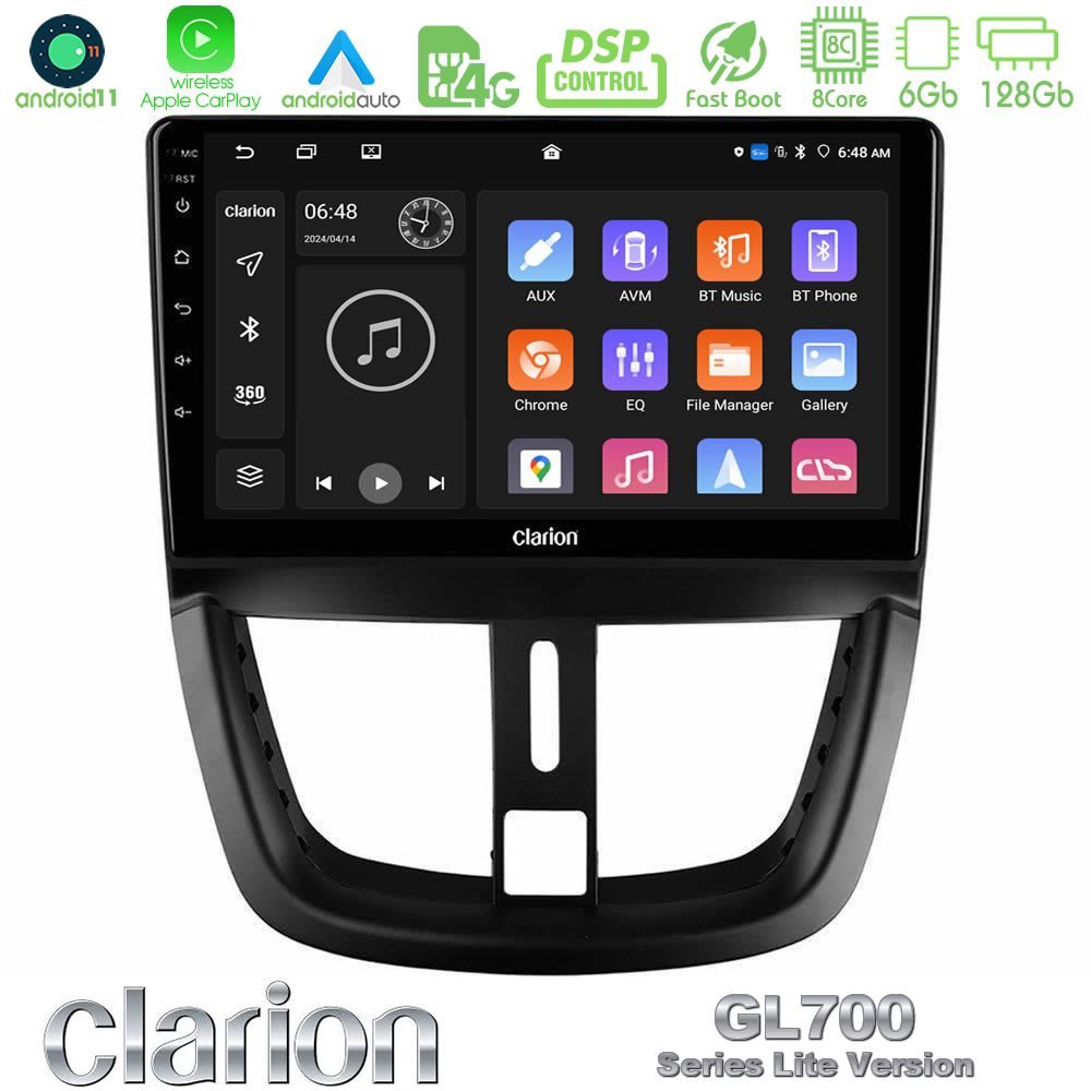 Clarion GL700 Lite Series 8Core Android11 6+128GB Peugeot 207 Navigation Multimedia Tablet 9" Με Carplay & Android Auto