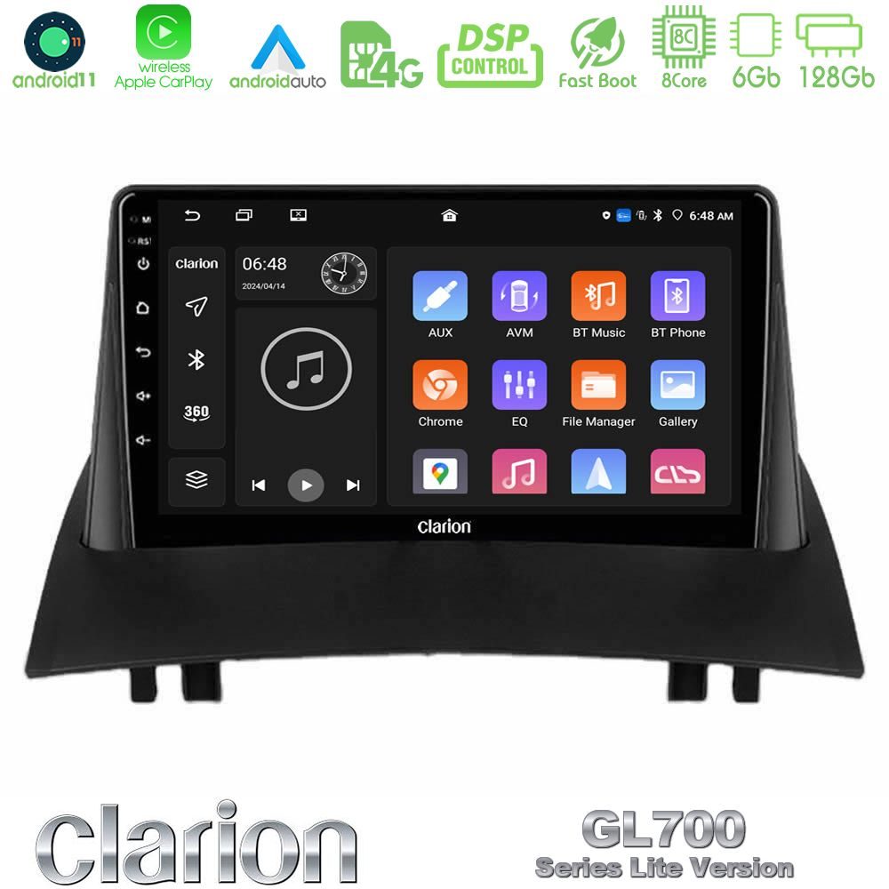 Clarion GL700 Lite Series 8Core Android11 6+128GB Renault Megane 2 2002-2008 Navigation Multimedia Tablet 9" Με Carplay & Android Auto