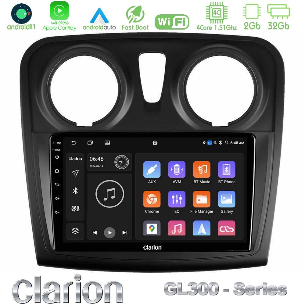 Clarion GL300 Series 4Core Android11 2+32GB Dacia Sandero 2014-2020 Navigation Multimedia Tablet 9" Με Carplay & Android Auto