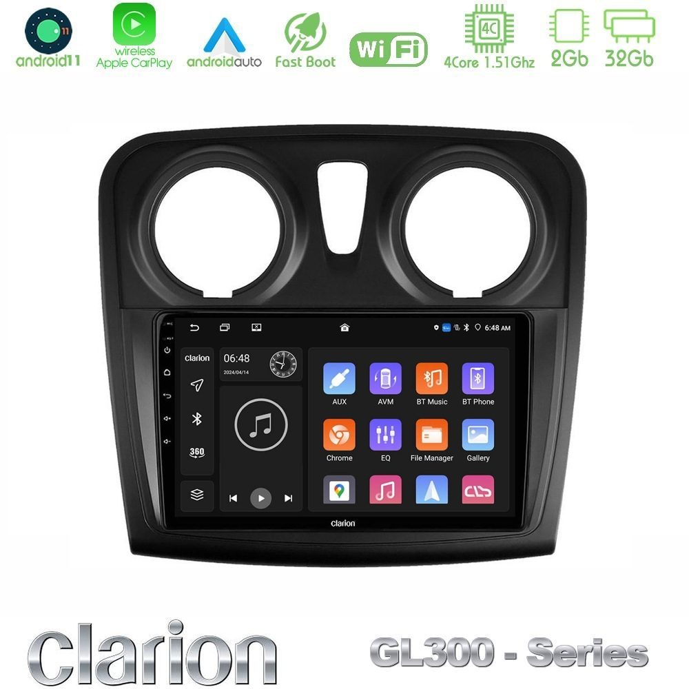 Clarion GL300 Series 4Core Android11 2+32GB Dacia Dokker 2014-2021 Navigation Multimedia Tablet 9" Με Carplay & Android Auto