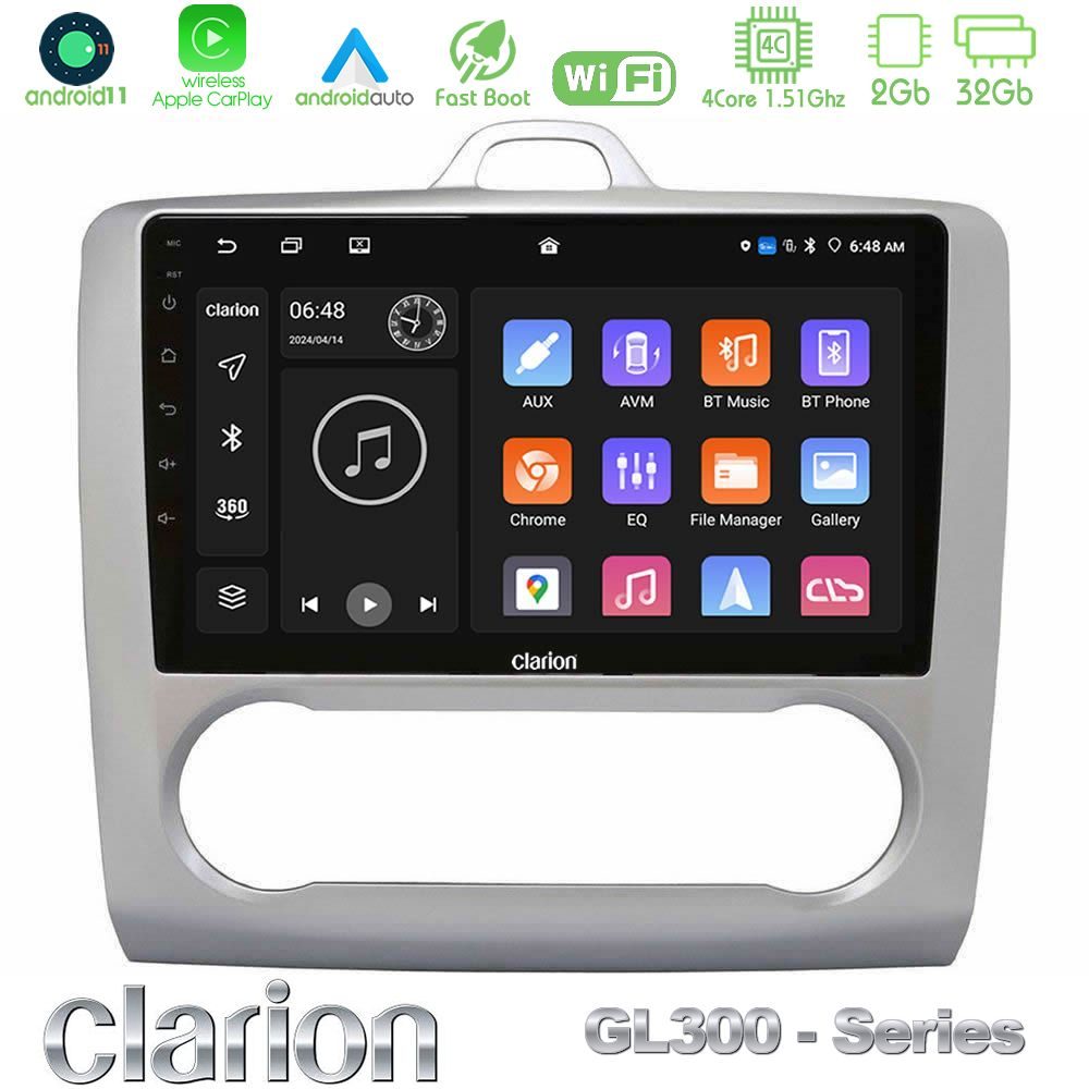 Clarion GL300 Series 4Core Android11 2+32GB Ford Focus Auto AC Navigation Multimedia Tablet 9" Με Carplay & Android Auto