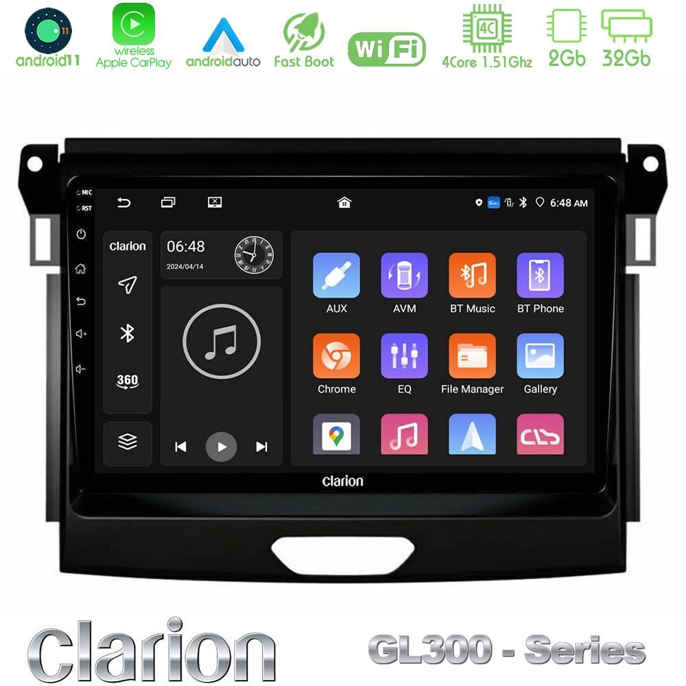 Clarion GL300 Series 4Core Android11 2+32GB Ford Ranger 2017-2022 Navigation Multimedia Tablet 9" Με Carplay & Android Auto