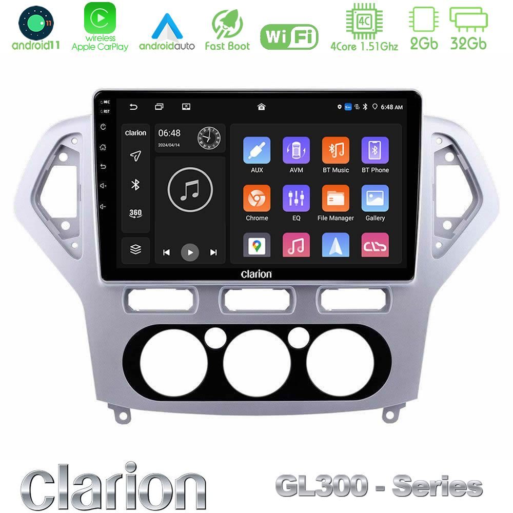 Clarion GL300 Series 4Core Android11 2+32GB Ford Mondeo 2007-2010 Manual A/C Navigation Multimedia Tablet 10" Με Carplay & Android Auto