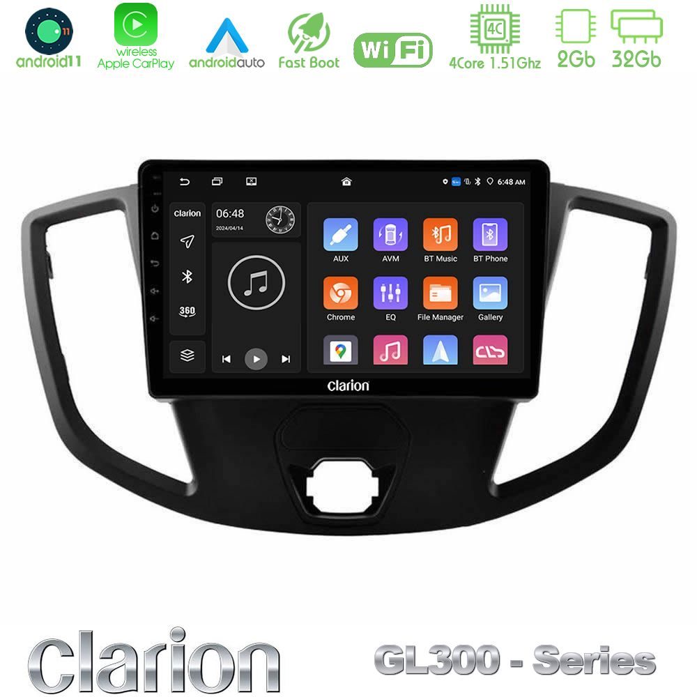 Clarion GL300 Series 4Core Android11 2+32GB Ford Transit 2014-> Navigation Multimedia Tablet 9" Με Carplay & Android Auto