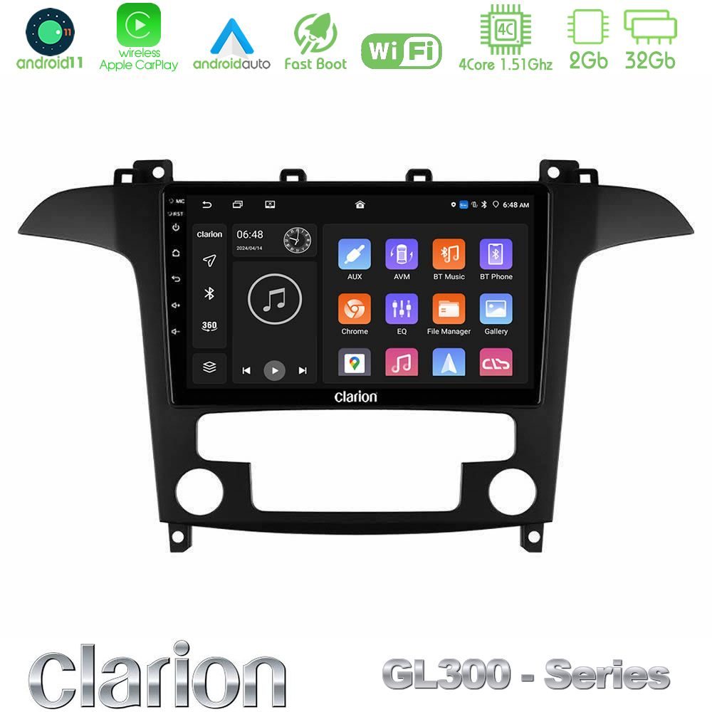 Clarion GL300 Series 4Core Android11 2+32GB Ford S-Max 2006-2012 Navigation Multimedia Tablet 9" Με Carplay & Android Auto
