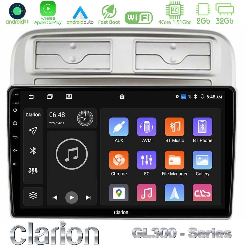 Clarion GL300 Series 4Core Android11 2+32GB Fiat Grande Punto 2006-2011 Navigation Multimedia Tablet 9" Με Carplay & Android Auto
