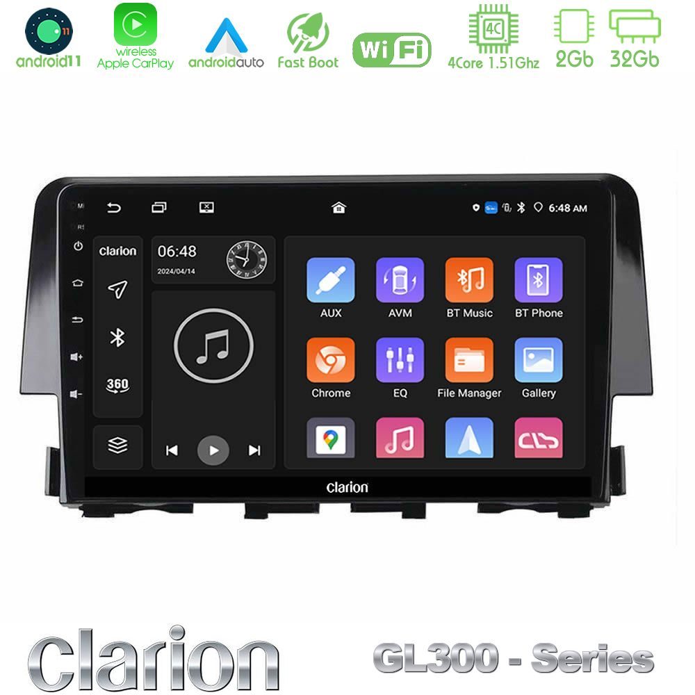 Clarion GL300 Series 4Core Android11 2+32GB Honda Civic 2016-2020 Navigation Multimedia Tablet 9" Με Carplay & Android Auto Clarion GL300 Series 4Core Android11 2+32GB Honda Civic 2016-2020 Navigation Multimedia Tablet 9" Με Carplay & Android Auto