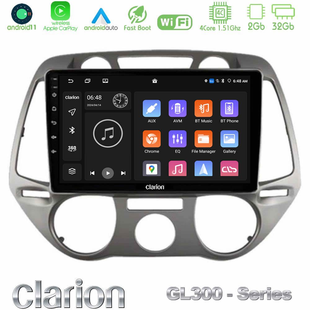 Clarion GL300 Series 4Core Android11 2+32GB Hyundai i20 2009-2012 Manual A/C Navigation Multimedia Tablet 9" Με Carplay & Android Auto