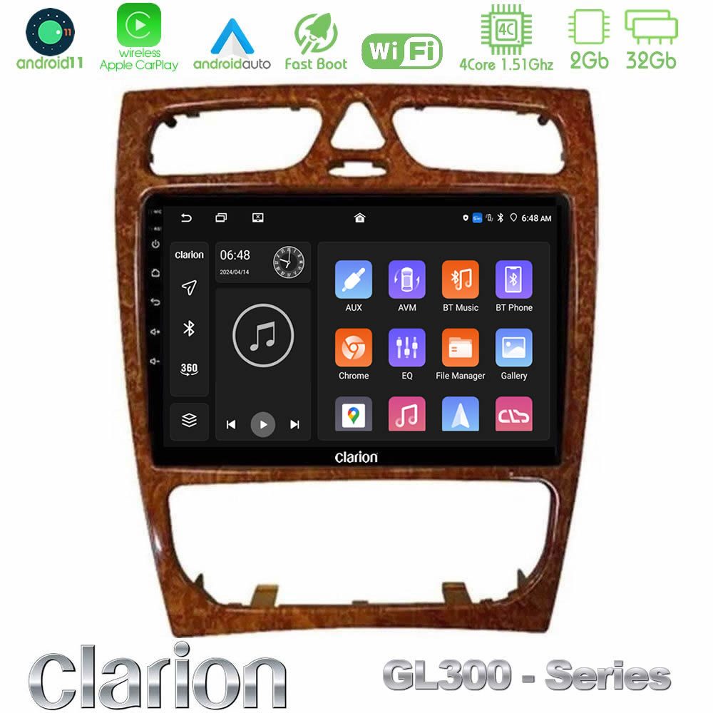 Clarion GL300 Series 4Core Android11 2+32GB Mercedes C Class (W203) Navigation Multimedia Tablet 9" (Wooden Style) Με Carplay & Android Auto
