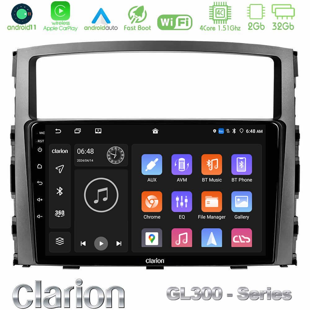 Clarion GL300 Series 4Core Android11 2+32GB Mitsubishi Pajero 2008-2009 Navigation Multimedia Tablet 9" Με Carplay & Android Auto