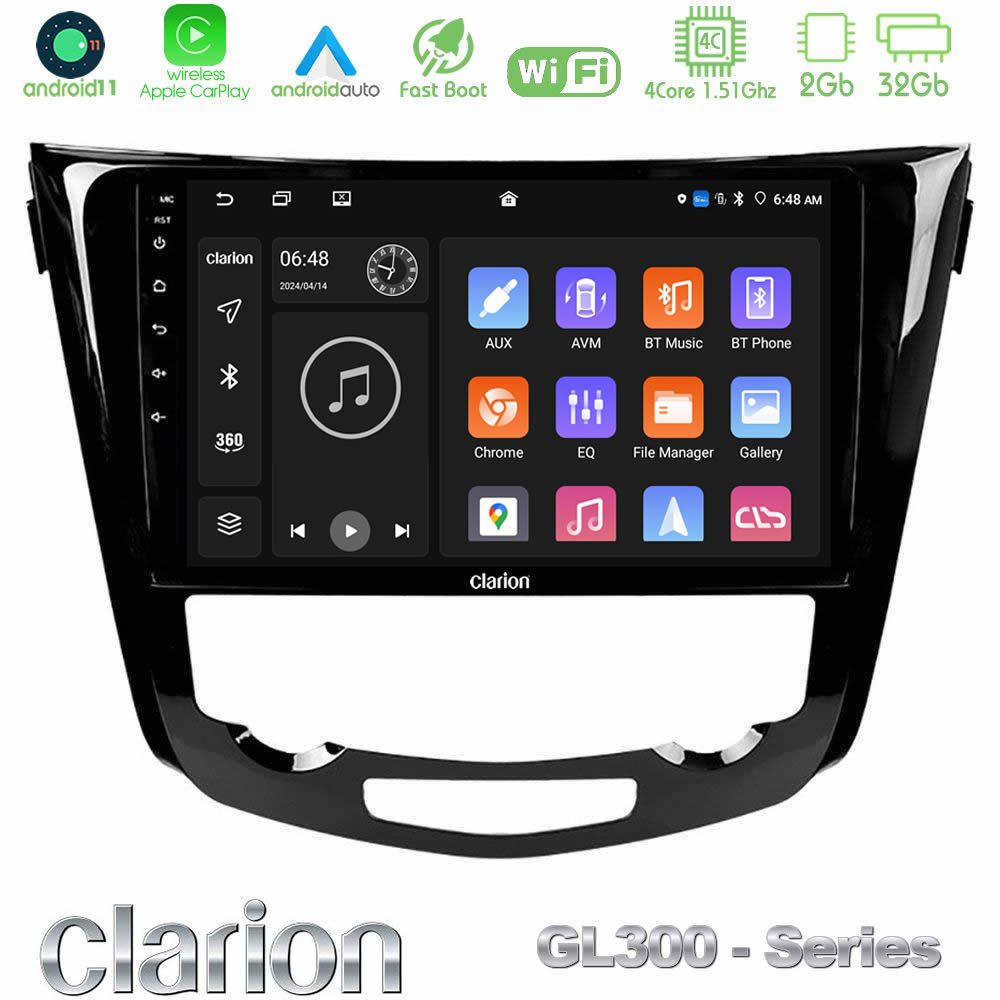 Clarion GL300 Series 4Core Android11 2+32GB Nissan Qashqai J11 (AUTO A/C) Navigation Multimedia Tablet 10" Με Carplay & Android Auto