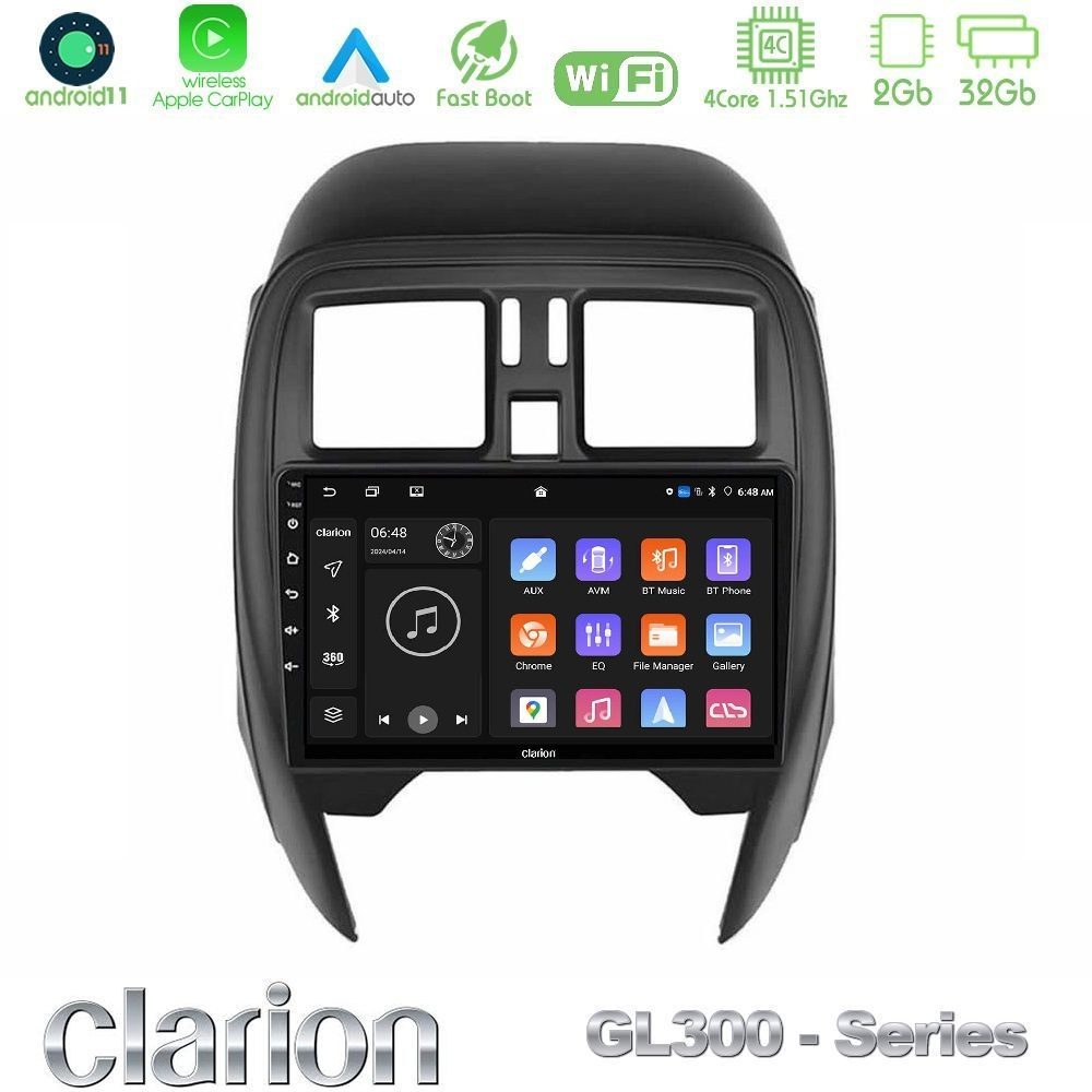 Clarion GL300 Series 4Core Android11 2+32GB Nissan Micra 2013-2016 Navigation Multimedia Tablet 9" Με Carplay & Android Auto