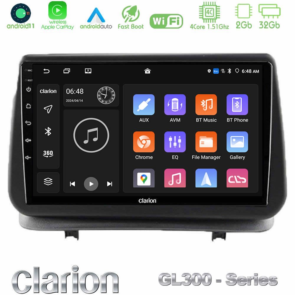 Clarion GL300 Series 4Core Android11 2+32GB Renault Clio 2005-2012 Navigation Multimedia Tablet 9" Με Carplay & Android Auto Clarion GL300 Series 4Core Android11 2+32GB Renault Clio 2005-2012 Navigation Multimedia Tablet 9" Με Carplay & Android Auto