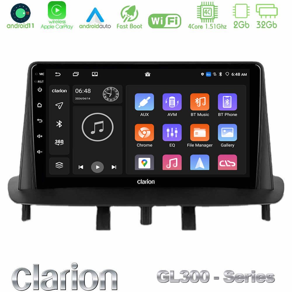 Clarion GL300 Series 4Core Android11 2+32GB Renault Megane 3 2009-2015 Navigation Multimedia Tablet 9" Με Carplay & Android Auto Clarion GL300 Series 4Core Android11 2+32GB Renault Megane 3 2009-2015 Navigation Multimedia Tablet 9" Με Carplay & Android Auto