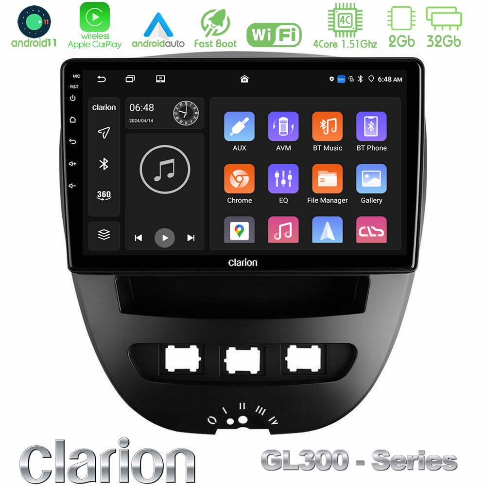 Clarion GL300 Series 4Core Android11 2+32GB Toyota Aygo/Citroen C1/Peugeot 107 Navigation Multimedia Tablet 10" Με Carplay & Android Auto