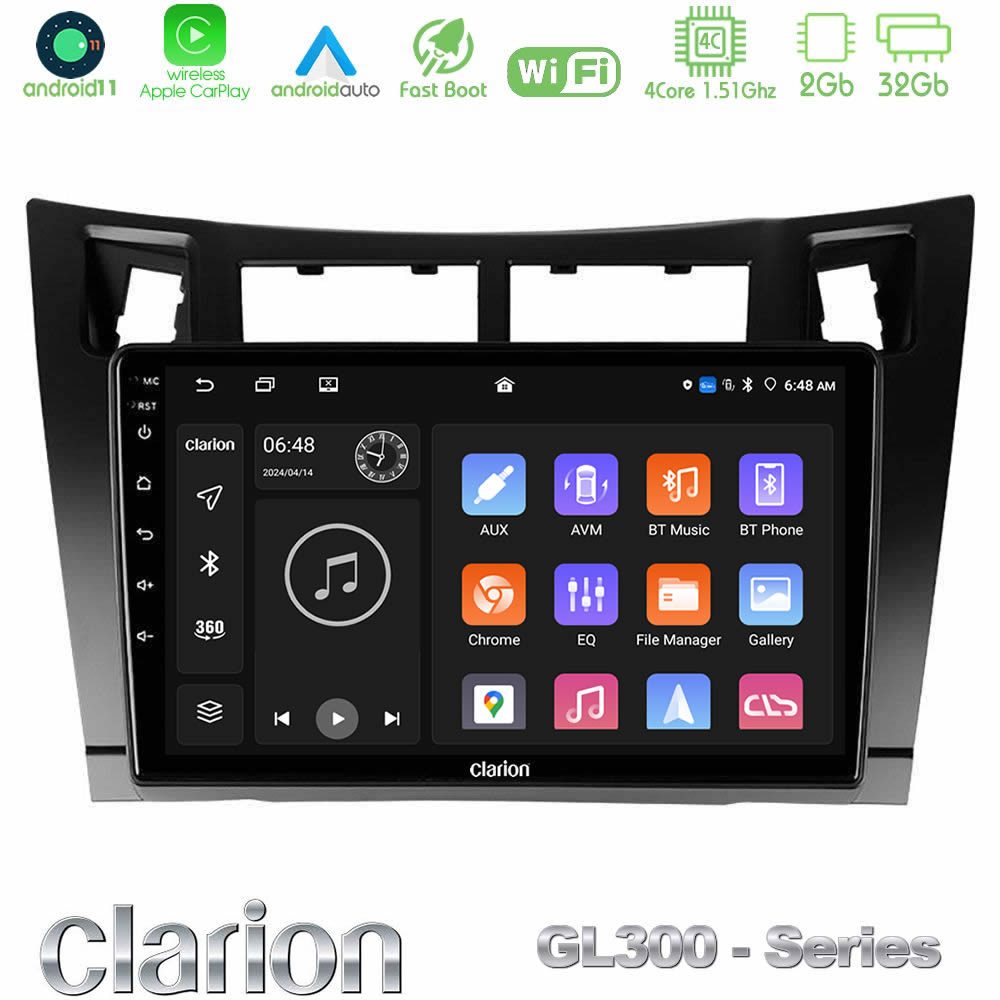 Clarion GL300 Series 4Core Android11 2+32GB Toyota Yaris Navigation Multimedia Tablet 9" (Μαύρο Χρώμα) Με Carplay & Android Auto