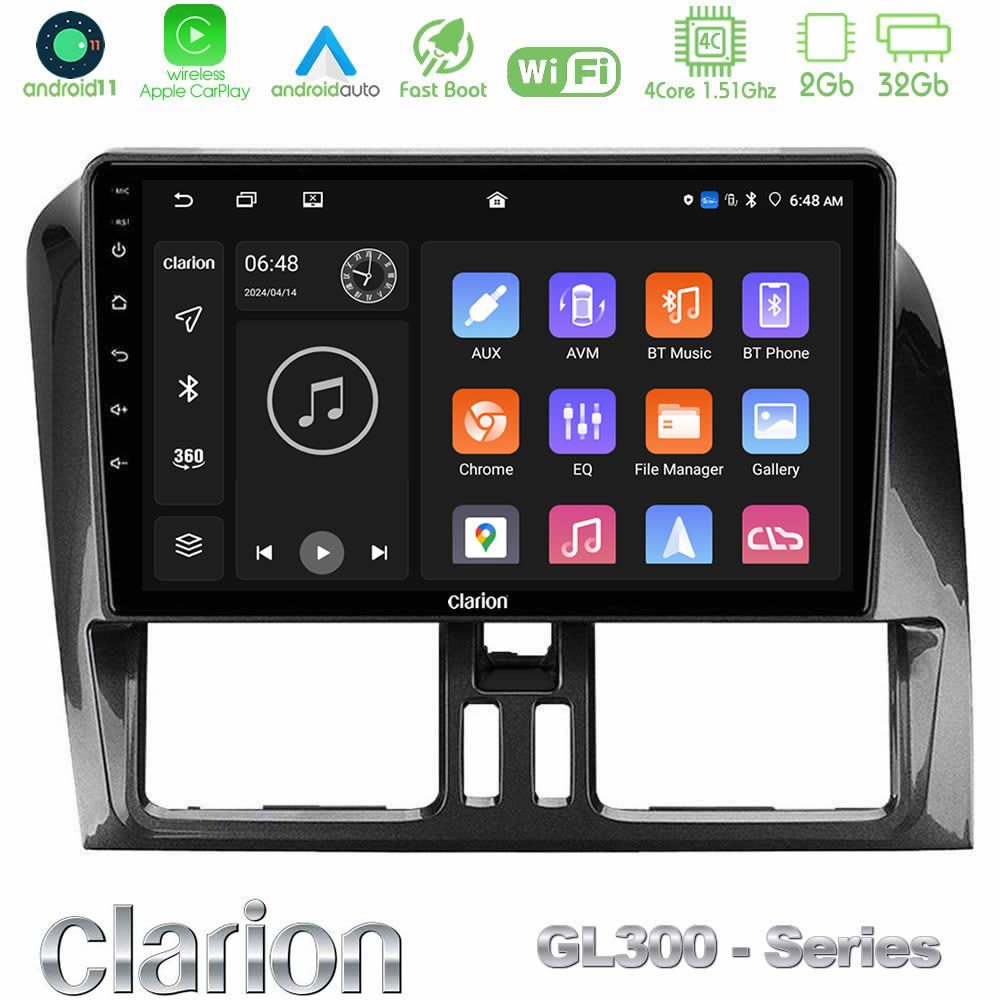 Clarion GL300 Series 4Core Android11 2+32GB Volvo XC60 2009-2012 Navigation Multimedia Tablet 9" Με Carplay & Android Auto