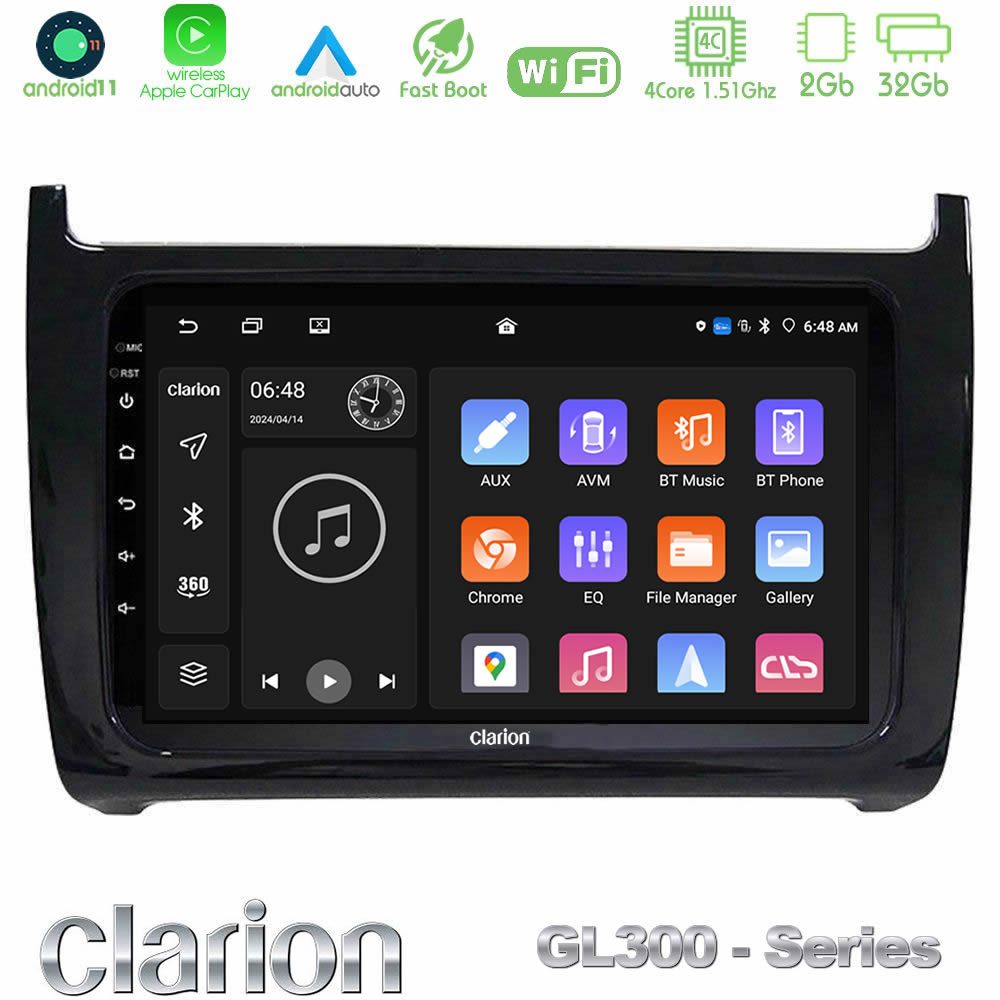 Clarion GL300 Series 4Core Android11 2+32GB Vw Polo 2009-2014 Navigation Multimedia Tablet 9" Με Carplay & Android Auto