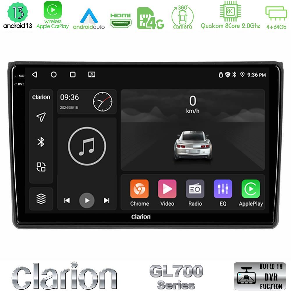 Clarion GL700 Series 8Core Android13 4+64GB Audi A4 B7 Navigation Multimedia Tablet 9" Με Carplay & Android Auto