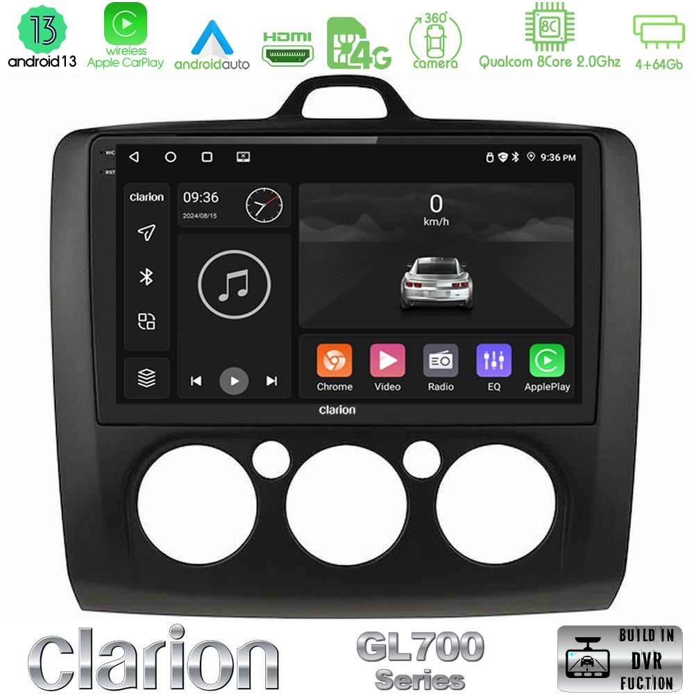 Clarion GL700 Series 8Core Android13 4+64GB Ford Focus Manual AC Navigation Multimedia Tablet 9" (Μαύρο Χρώμα) Με Carplay & Android Auto
