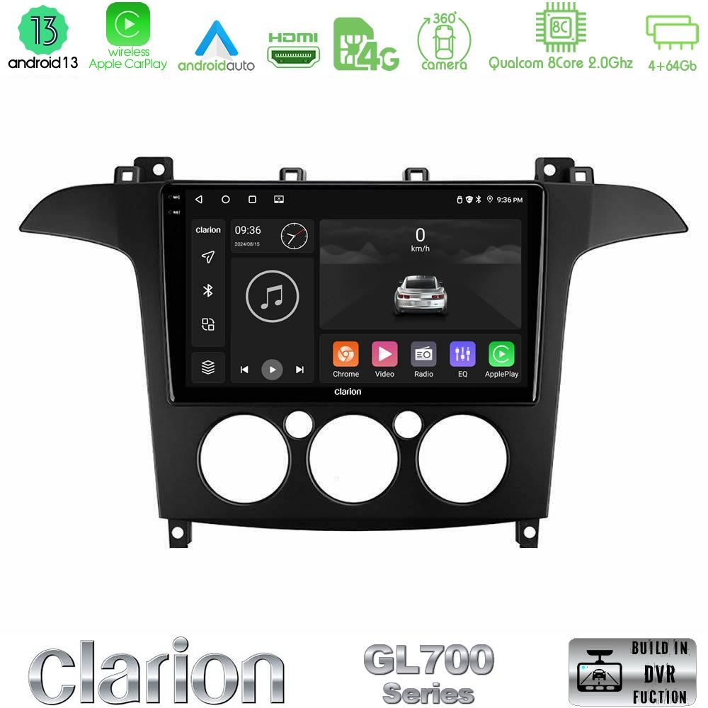 Clarion GL700 Series 8Core Android13 4+64GB Ford S-Max 2006-2008 (manual A/C) Navigation Multimedia Tablet 9" Με Carplay & Android Auto