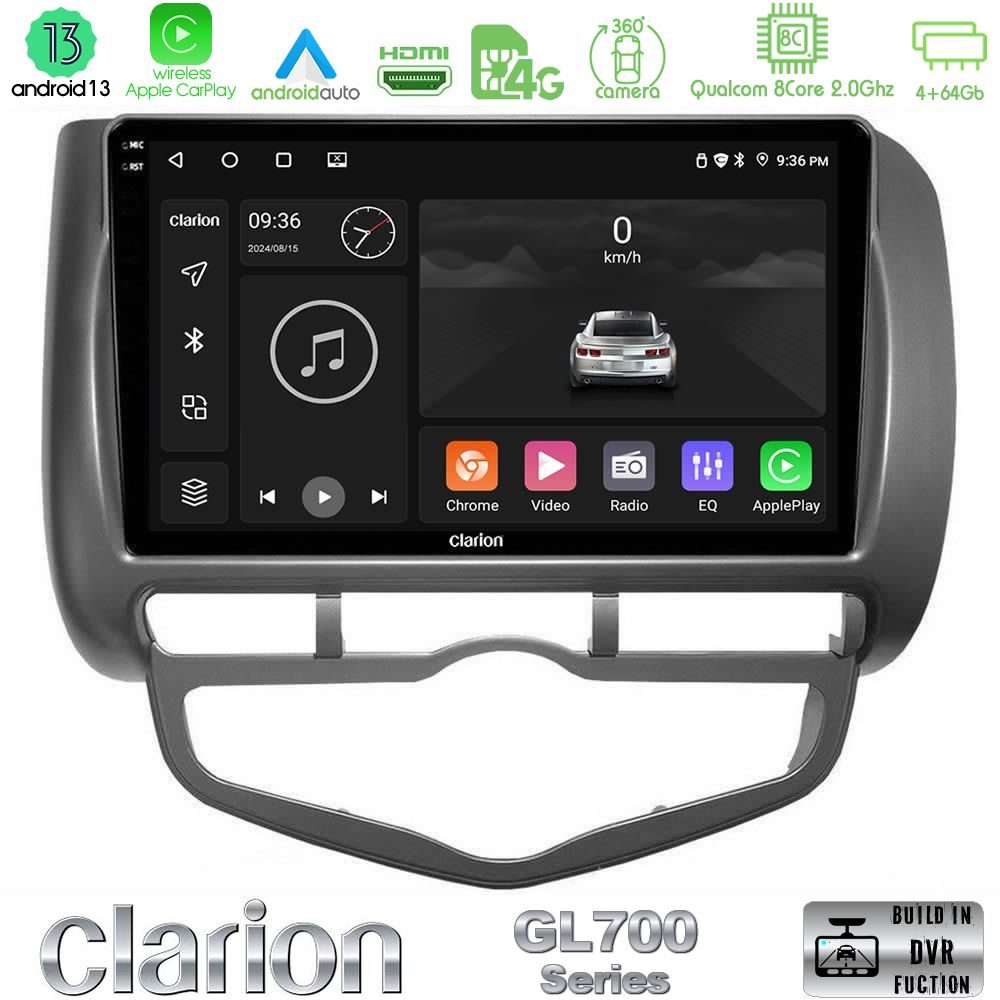 Clarion GL700 Series 8Core Android13 4+64GB Honda Jazz 2002-2008 (Auto A/C) Navigation Multimedia Tablet 9" Με Carplay & Android Auto